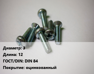 Винт 3х12 DIN 84 оцинкованный, 4.8, цена за шт, кг цена от 182.95 Тг / кг, где купить, условия доставки в Атырау и Атырауской области области